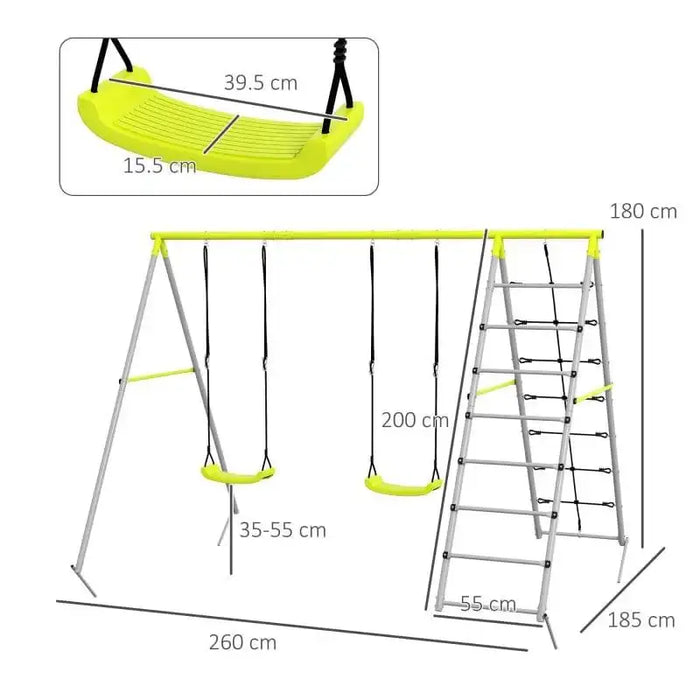 4-in-1 kids swing and climbing set with two green swings, ladder, and climbing net, labeled dimensions