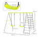 4-in-1 kids swing and climbing set with two green swings, ladder, and climbing net, labeled dimensions