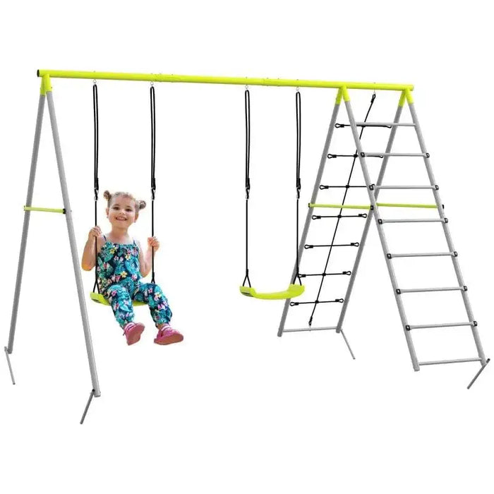 4-in-1 kids swing and climbing set with green swings, ladder, and net, child on swing