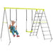 4-in-1 kids swing and climbing set with green swings, ladder, and net, child on swing