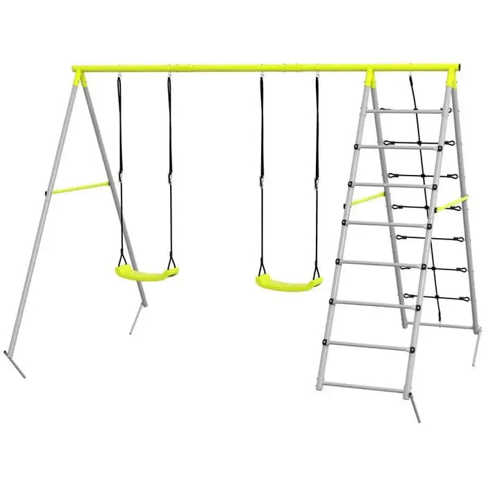4-in-1 kids swing and climbing set with two green swings, ladder, and climbing net