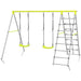 4-in-1 kids swing and climbing set with two green swings, ladder, and climbing net