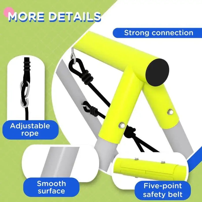 Kids swing and climbing set details with adjustable rope, strong connection, smooth surface, five-point safety belt