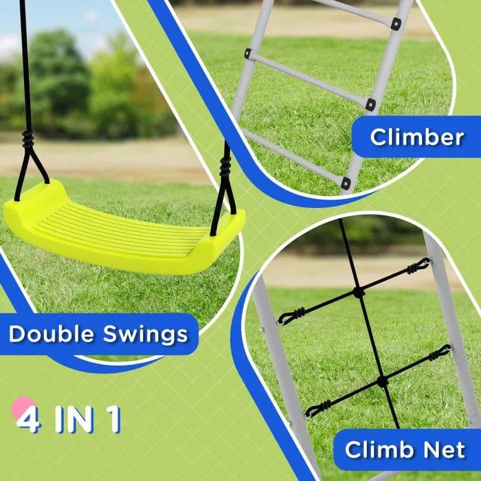 4-in-1 kids swing and climbing set with green swing, climber, and climbing net on grass