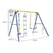 4-in-1 kids swing set with ladder, rope, swing seat, and basketball hoop, blue and yellow frame, dimensions labeled.