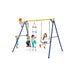 Kids playing on 4-in-1 swing set with slide, ladder, and basketball hoop, blue and yellow frame.
