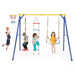 Kids playing on yellow and blue 4-in-1 swing set with basketball hoop and climbing ladder