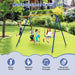 Kids playing on yellow and blue 4-in-1 swing set with slide, ladder, and basketball hoop in backyard