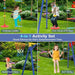 Kids playing on yellow and blue 4-in-1 swing set with ladder, disc swing, basketball hoop, belt swing in a garden