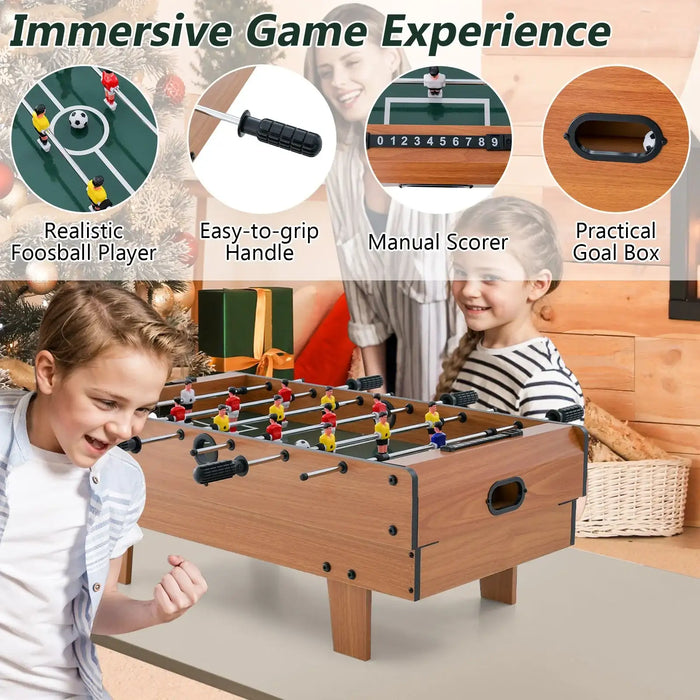 Children playing foosball with features highlighted on a wooden table.