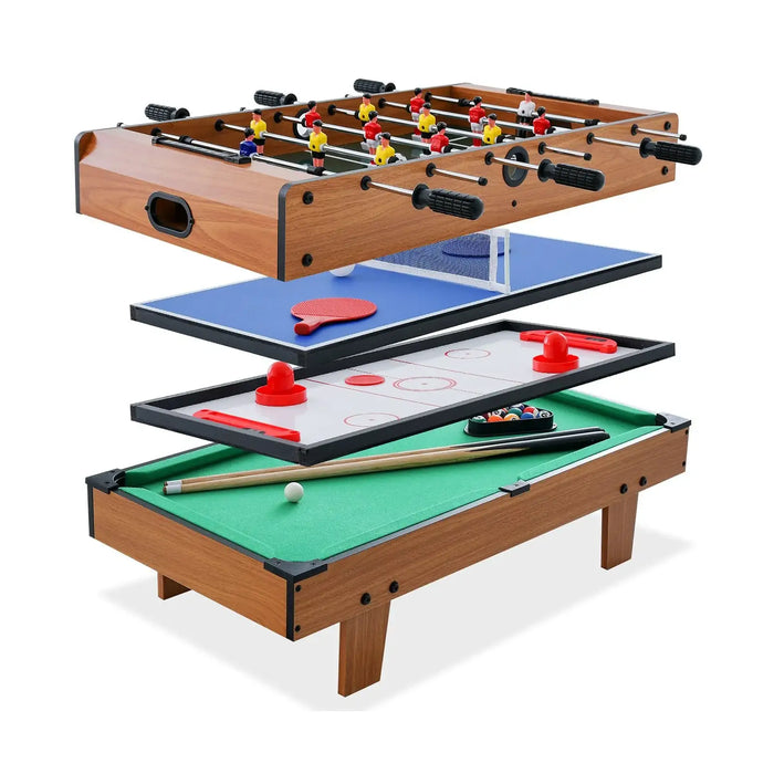 Multi-game table with foosball, ping pong, and pool tables on a white background