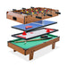 Multi-game table with foosball, ping pong, and pool tables on a white background