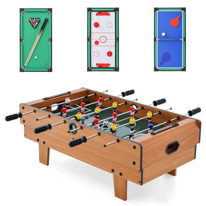 Multi-game table with foosball, pool, and ping pong components on a white background