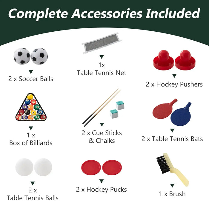 List of complete accessories included with various sports equipment on a white background.