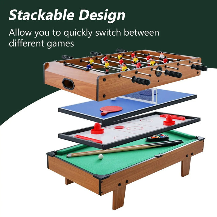Stackable multi-game table with foosball, ping pong, and pool tables on a white background.