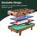 Stackable multi-game table with foosball, ping pong, and pool tables on a white background.