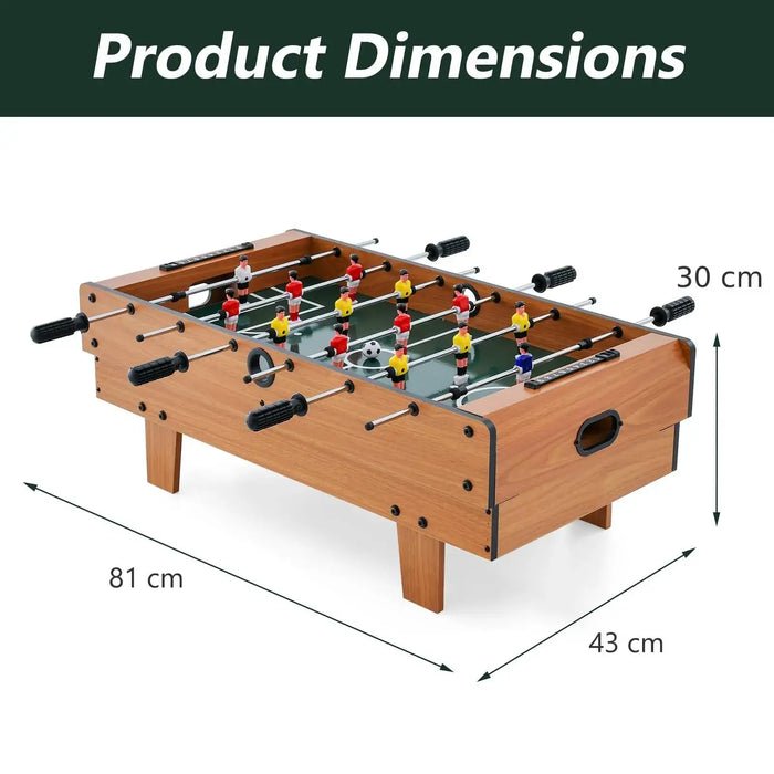 Foosball table with dimensions labeled on a white background