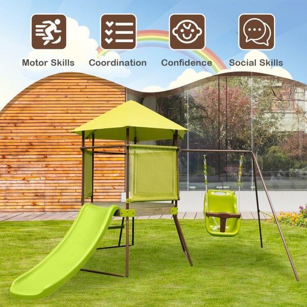 4-in-1 Playset with Slide, Play Tower and Baby Seat Swing - Little and Giant Explorers Costway