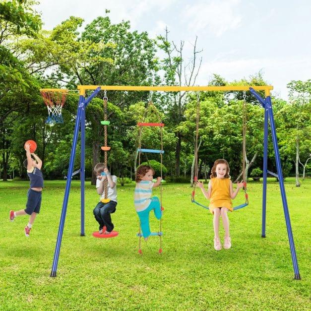 4-in-1 Swing Set with Basketball Hoop, Ladder, Disc Swing and Belt Swing - Little and Giant Explorers Costway