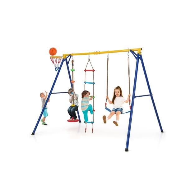 4-in-1 Swing Set with Basketball Hoop, Ladder, Disc Swing and Belt Swing - Little and Giant Explorers Costway