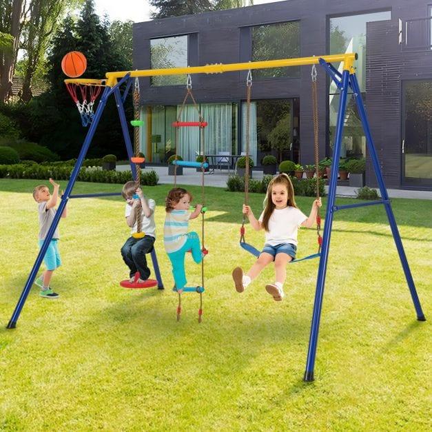 4-in-1 Swing Set with Basketball Hoop, Ladder, Disc Swing and Belt Swing - Little and Giant Explorers Costway