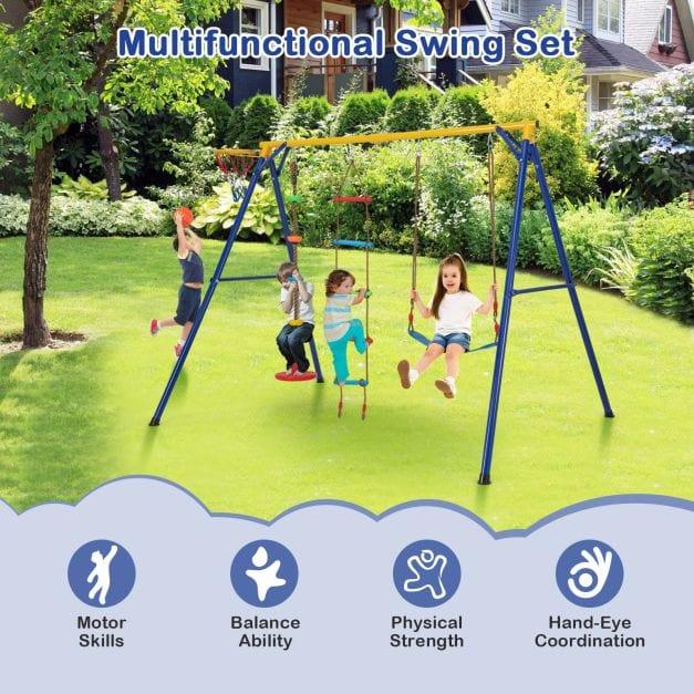 4-in-1 Swing Set with Basketball Hoop, Ladder, Disc Swing and Belt Swing - Little and Giant Explorers Costway