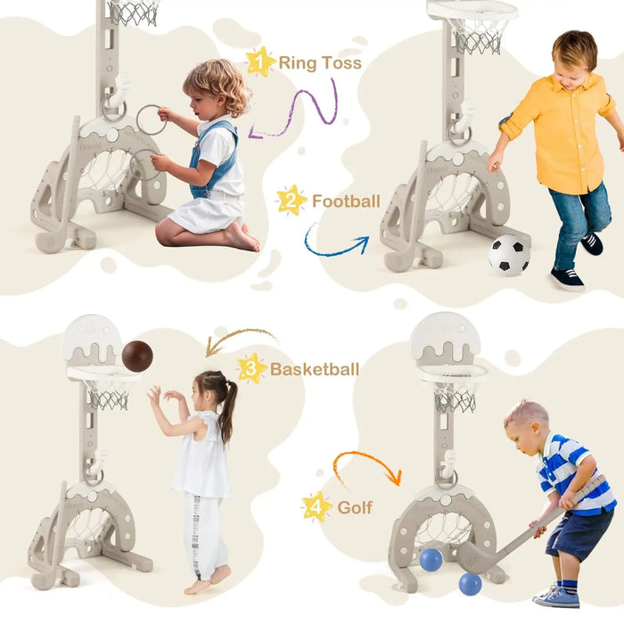 Kids playing ring toss, football, basketball, and golf with a versatile grey kids activity center