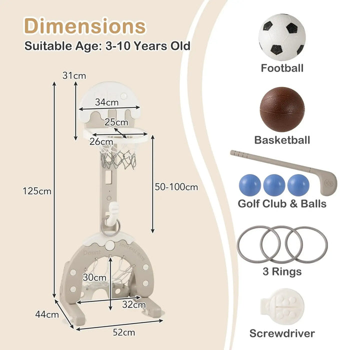 4-in-1 kids activity center in grey with basketball hoop, golf club, balls, rings, and screwdriver, dimensions shown