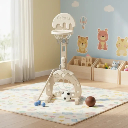 Kids indoor activity center with basketball hoop, mini soccer goal, and colorful balls on play mat