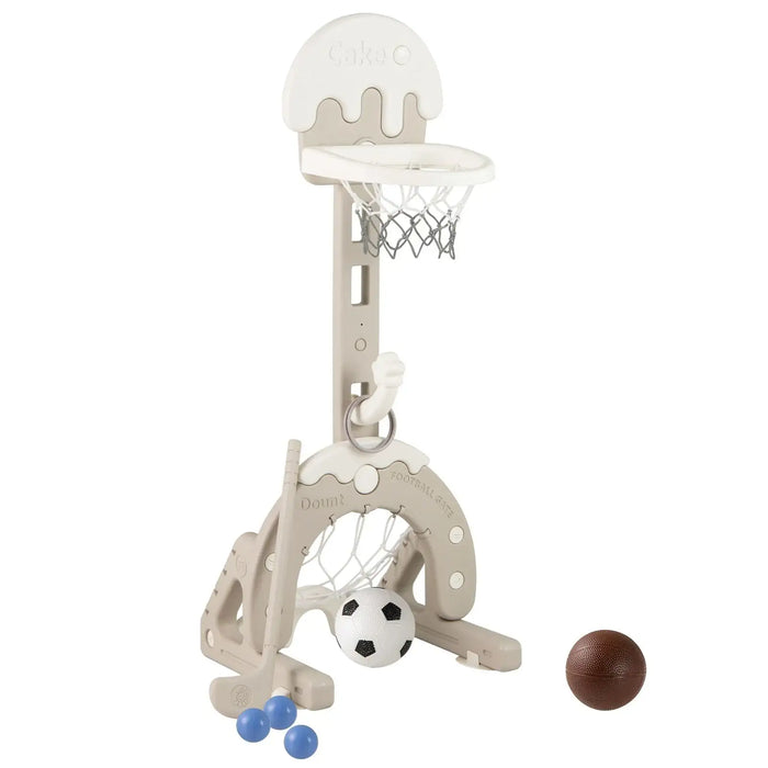 4-in-1 kids activity center with mini basketball hoop, soccer goal, hockey stick, and balls