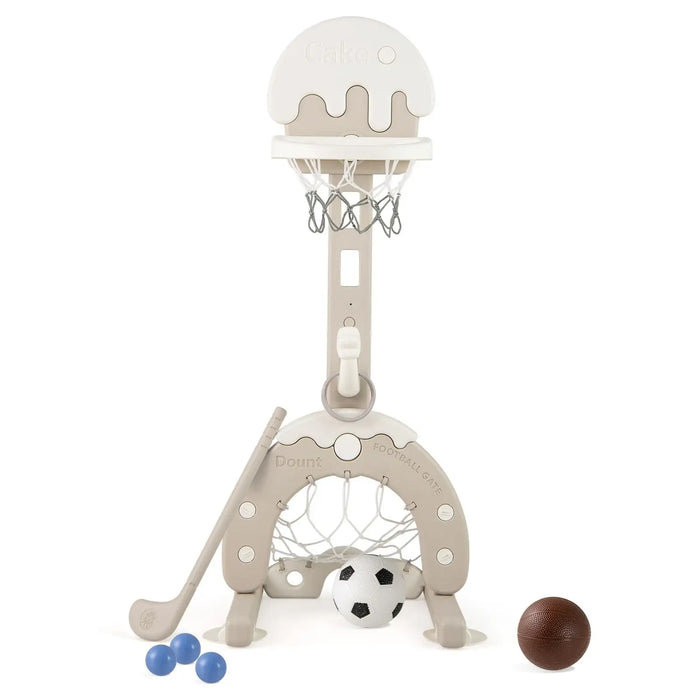 4-in-1 kids activity center with basketball hoop, soccer goal, golf club, and balls in neutral beige