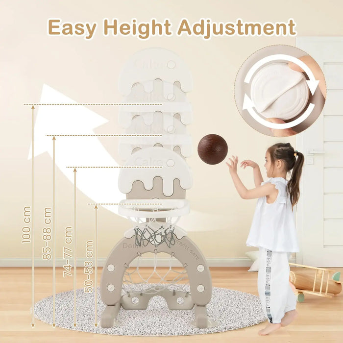 Adjustable kids basketball hoop with height settings from 53 to 100 cm and child playing