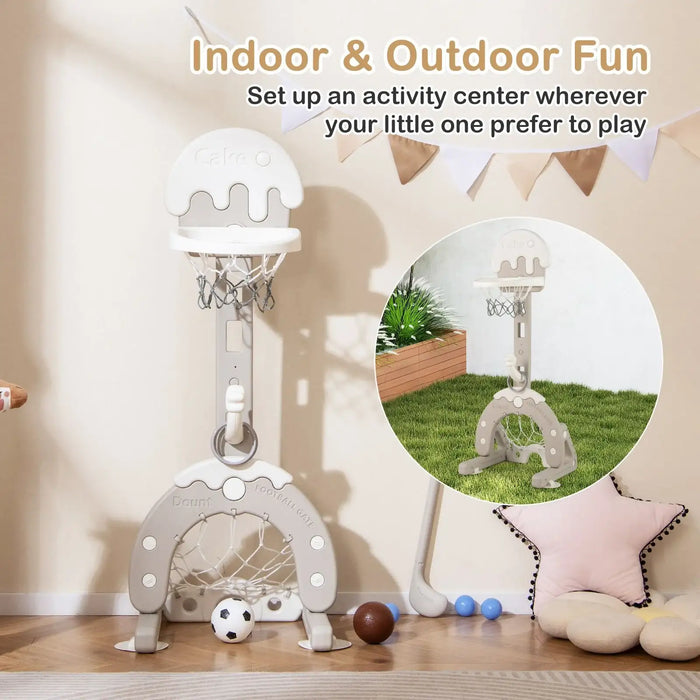 4-in-1 kids activity center with basketball hoop, football goal, and balls in indoor playroom