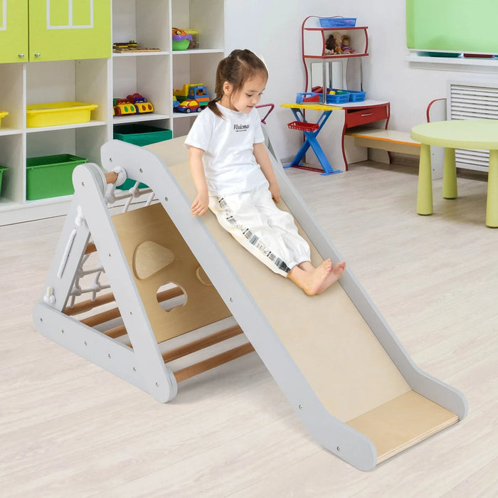 4-in-1 Toddler Wooden Triangle Climber with Ramp and Sliding Board in Grey - Little and Giant Explorers Costway