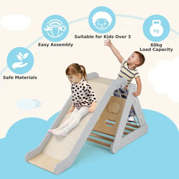 4-in-1 Toddler Wooden Triangle Climber with Ramp and Sliding Board in Grey - Little and Giant Explorers Costway