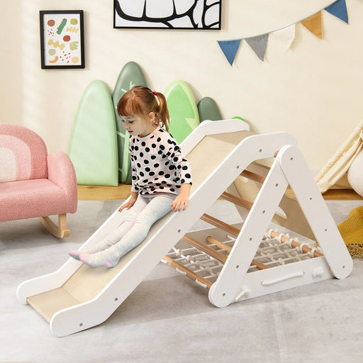 4-in-1 Toddler Wooden Triangle Climber with Ramp and Sliding Board in White - Little and Giant Explorers Costway