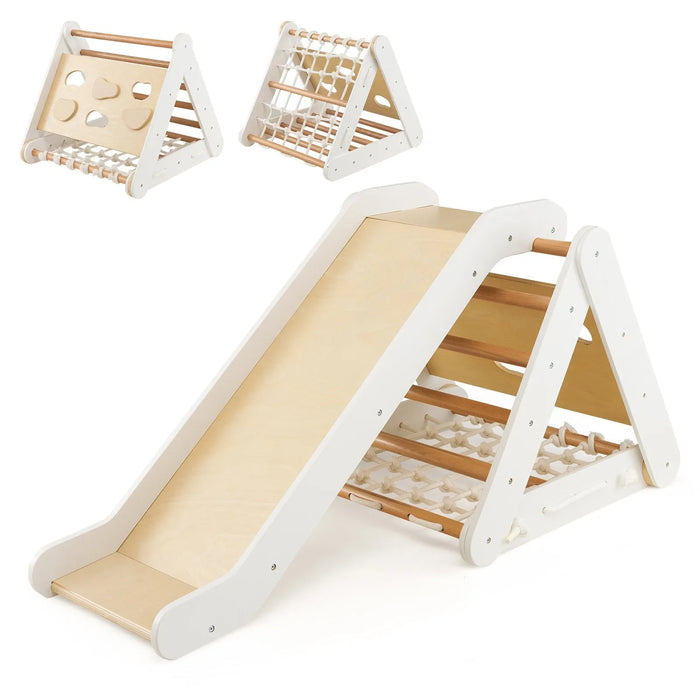 4-in-1 Toddler Wooden Triangle Climber with Ramp and Sliding Board in White - Little and Giant Explorers Costway