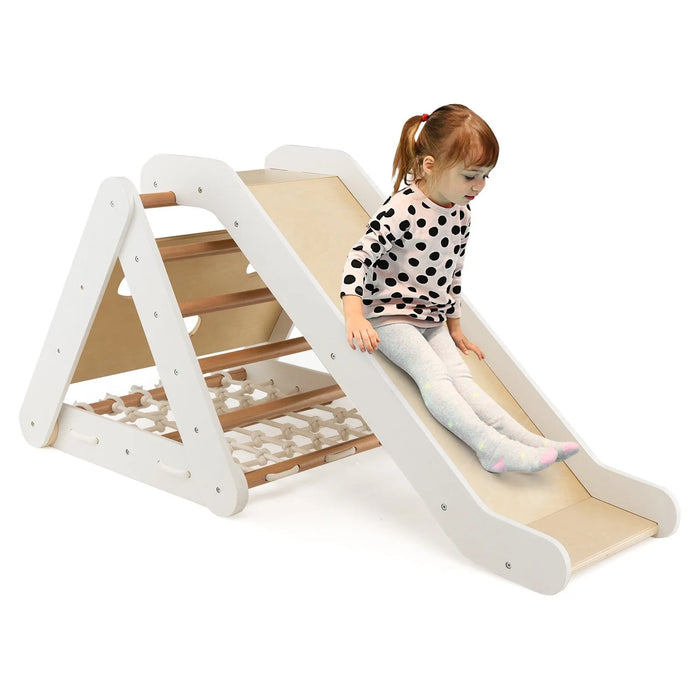 4-in-1 Toddler Wooden Triangle Climber with Ramp and Sliding Board in White - Little and Giant Explorers Costway