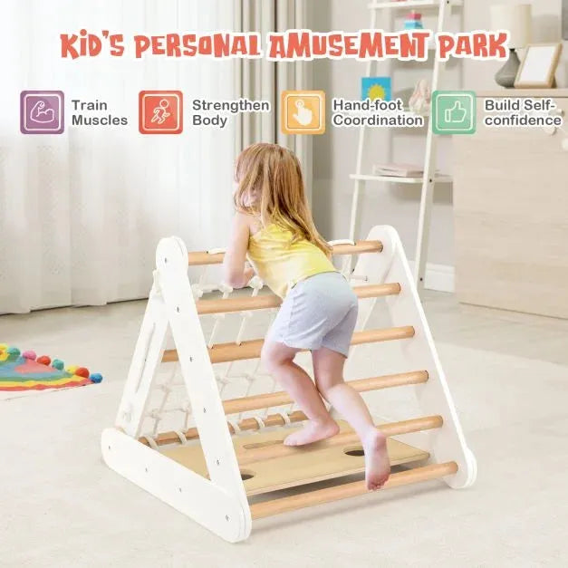 4-in-1 Toddler Wooden Triangle Climber with Ramp and Sliding Board in White - Little and Giant Explorers Costway