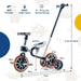 Navy 4-in-1 balance trike for kids with adjustable seat, push handle, and size measurements