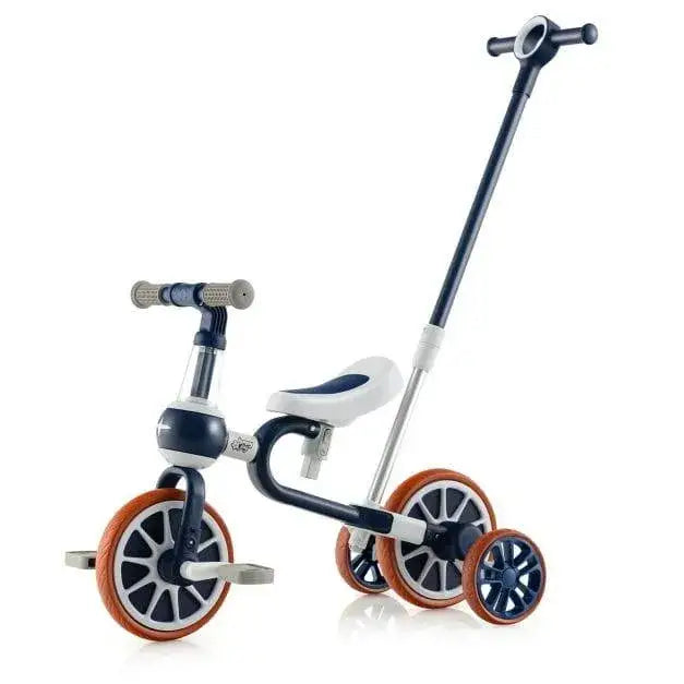 4-in-1 navy training balance trike with adjustable seat and push handle on white background