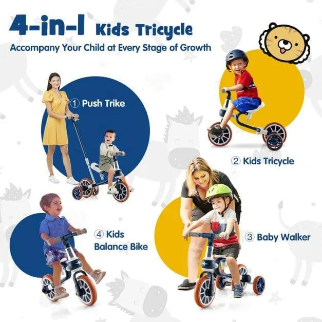 4-in-1 navy kids tricycle with adjustable seat, push handle, and balance bike modes shown.