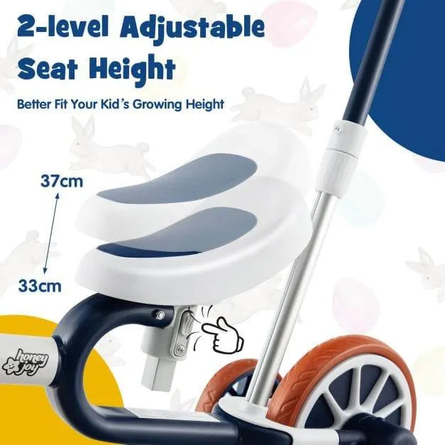 4-in-1 training balance trike with adjustable seat and push handle, navy, 2 seat heights