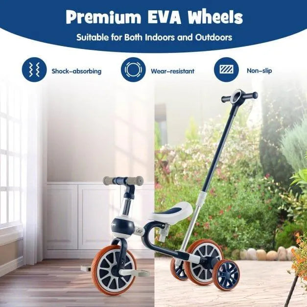 4-in-1 navy trike with adjustable seat, push handle, premium EVA wheels, shown indoors and outdoors