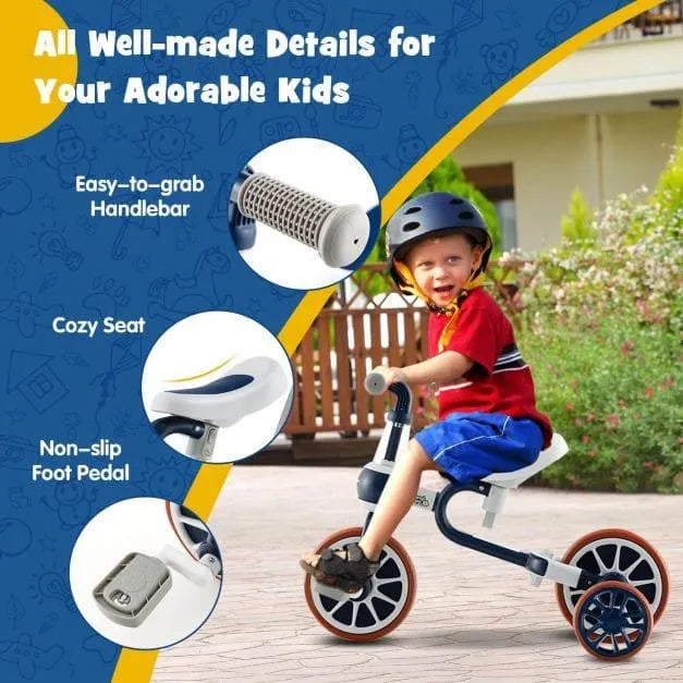 Child riding a navy 4-in-1 training balance trike with helmet, easy-grab handlebar, cozy seat, and non-slip pedal outdoors.