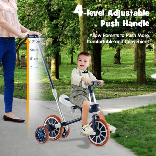 4-in-1 Training Balance Trike with Adjustable Push Handle in Navy - Little and Giant Explorers Costway