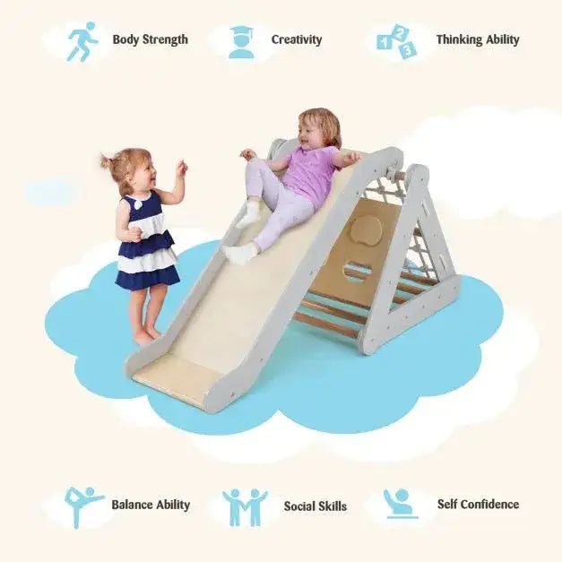 4-in-1 Toddler Wooden Triangle Climber with Ramp and Sliding Board in Grey - Little and Giant Explorers Costway