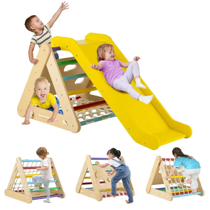 4-in-1 Wooden Triangle Climber Set - Multicolour | Montessori Play Gym COSTWAY - Little and Giant Explorers Costway