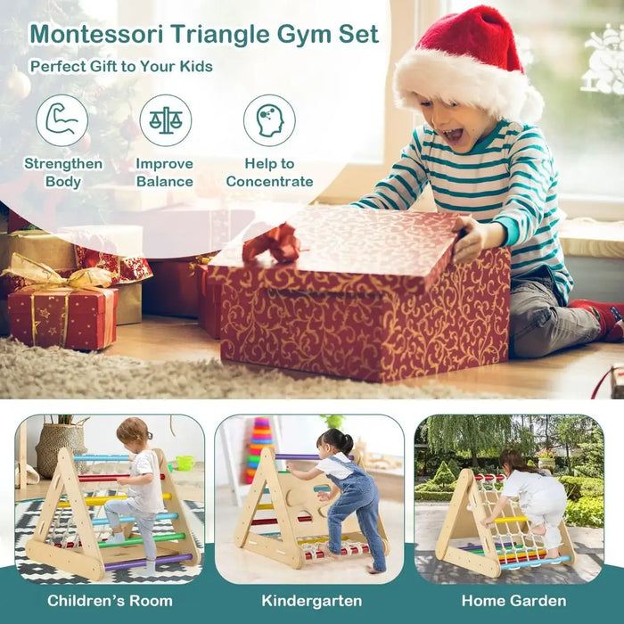 4-in-1 Wooden Triangle Climber Set - Multicolour | Montessori Play Gym COSTWAY - Little and Giant Explorers Costway