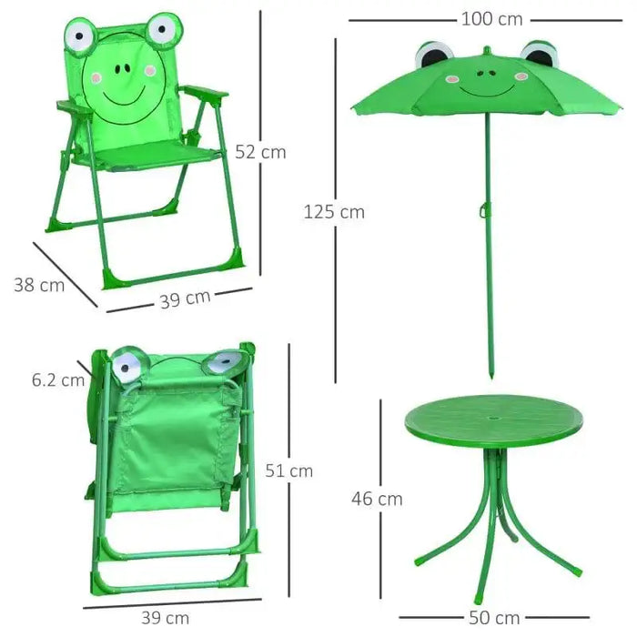 4-piece kids dining set with frog design, foldable green chairs, adjustable parasol, round table, and size measurements